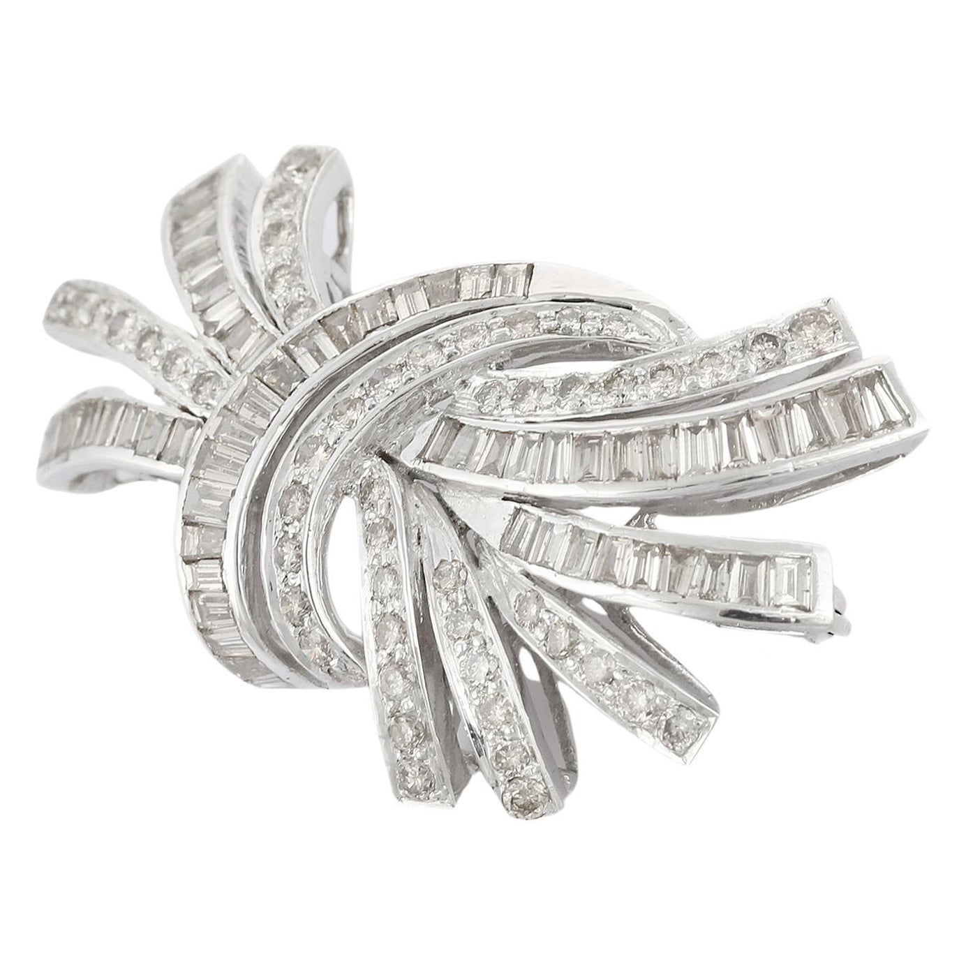 6.5 CTW Channel Set Diamond Brooch in 18k Solid White Gold, Brooch Gift