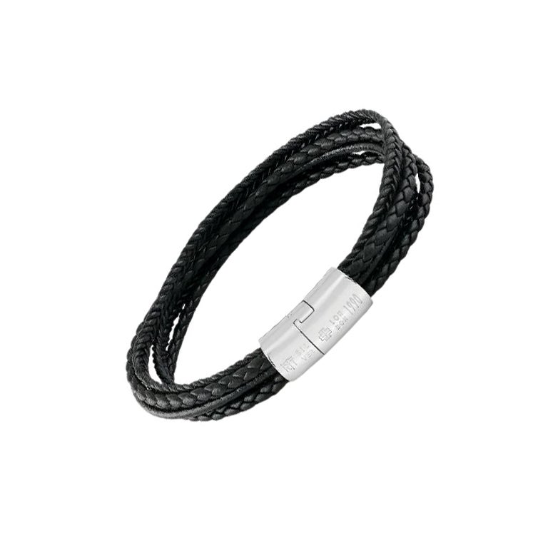 Cobra Multi-Strand Bracelet in Italian Black Leather with Sterling Silver, Size M For Sale