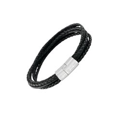 Cobra Mehrstrangiges Armband aus schwarzem italienischem schwarzem Leder mit Sterlingsilber, Größe M