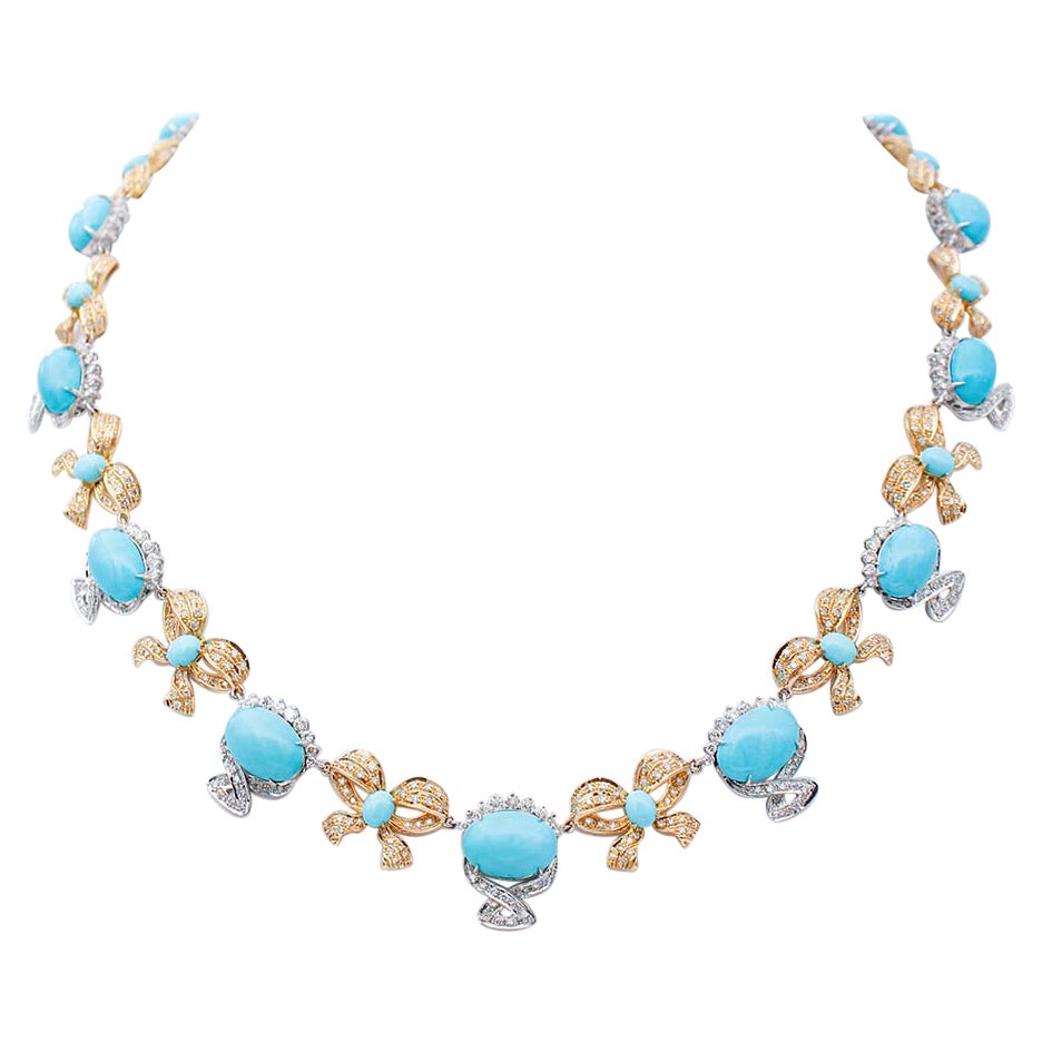 Turquoise, Diamonds, 18 Karat White and Yellow Gold Necklace