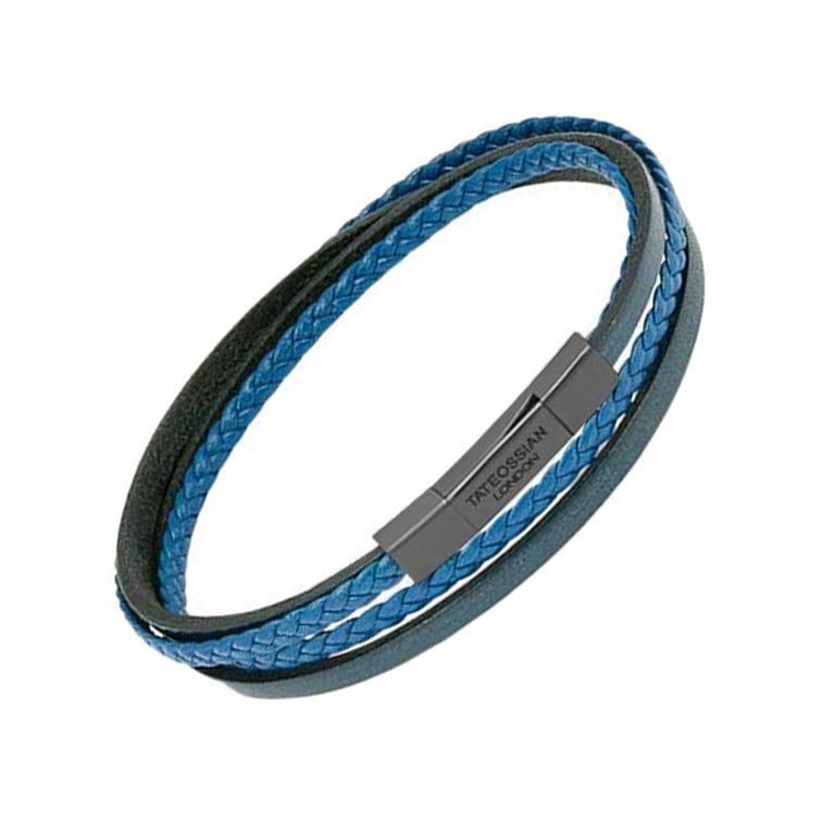 Fettuccine Mehrstrangiges Armband aus marineblauem Leder und schwarz rhodiniertem Leder, Größe M
