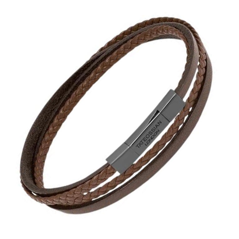 Bracelet multibrins Fettuccine en cuir Brown et rhodium noir, taille L en vente