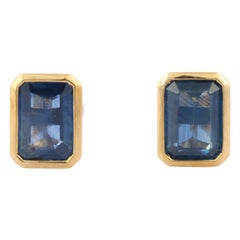 2.09 Carat Faceted Blue Sapphire Earrings Studded in 14K Solid Yellow Gold