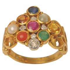 Vintage  Gold NavaRatna Precious and Semi-Precious Stone Ring
