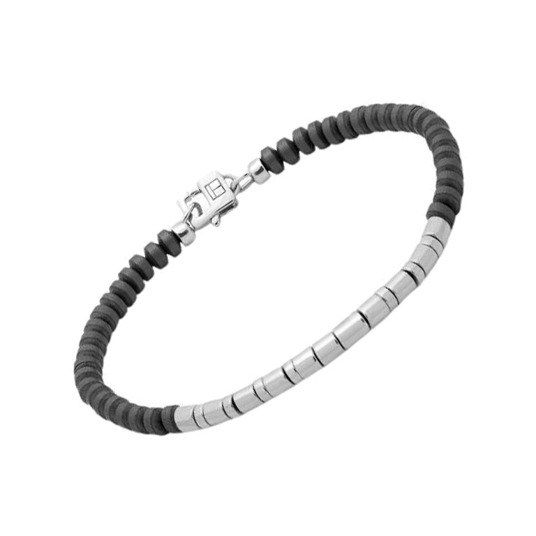 Mineral Bamboo Bracelet in Grey Hematite with Sterling Silver, Size M For Sale
