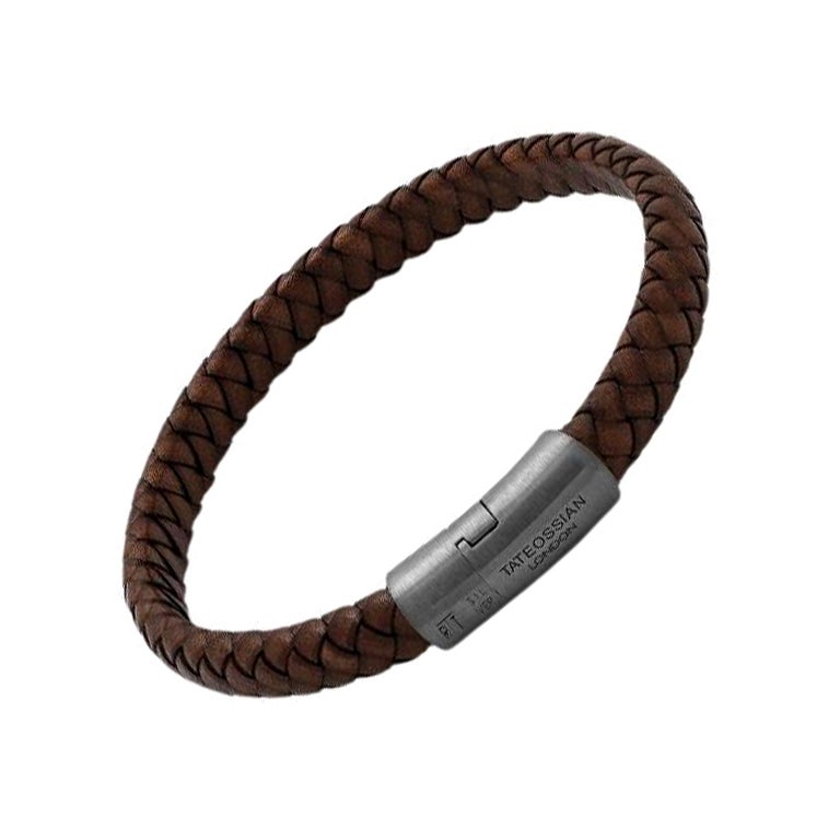 Cobra Sontuoso Bracelet in Italian Brown Leather & Black Rhodium Plated, Size M For Sale