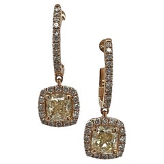 Fancy Light Yellow Cushion Diamond Halo Drop 18K Rose Gold Earrings Modern