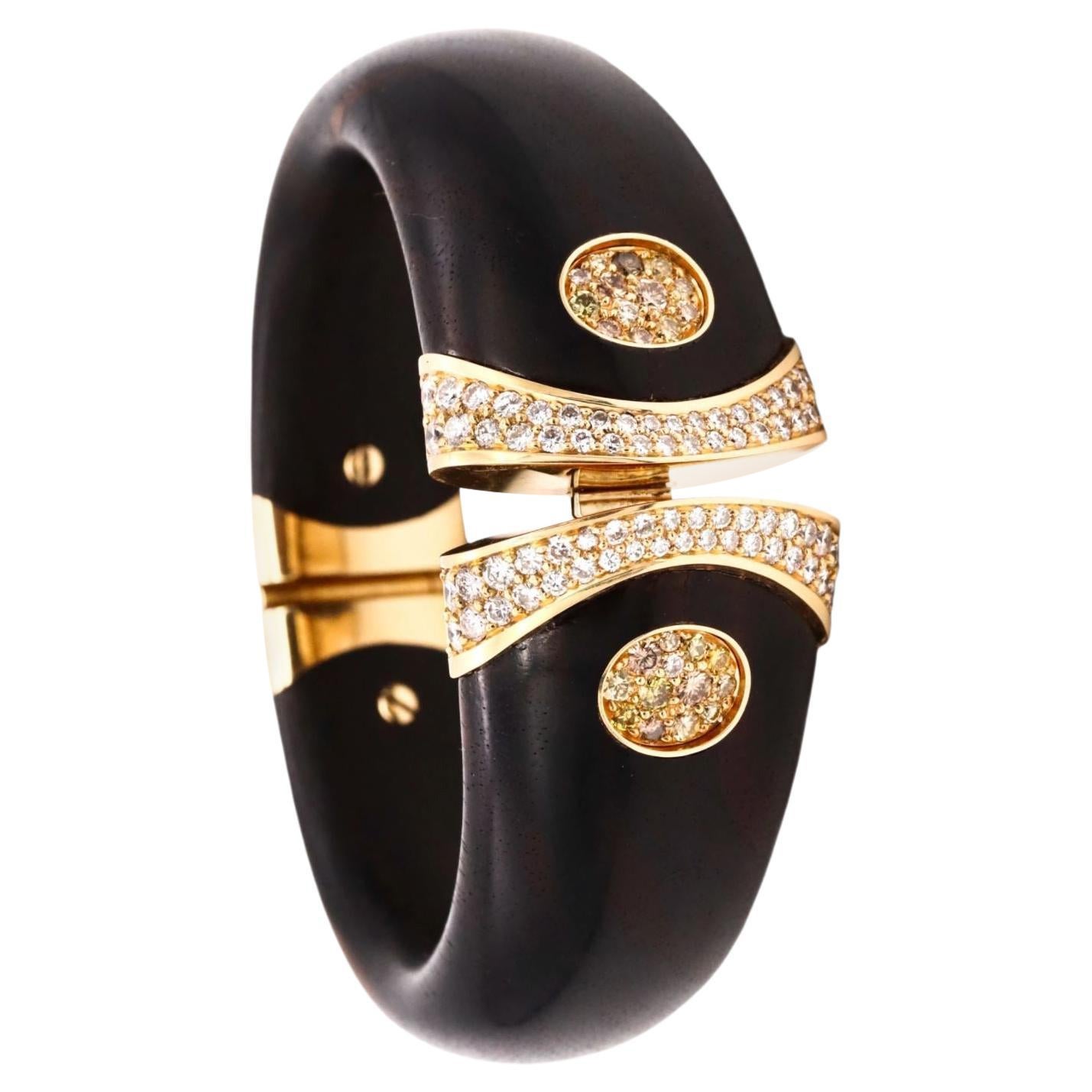 Paul Binder 1970 Swiss 18Kt Gold Bracelet with Ebony Wood 3.80 Cts VS Diamonds For Sale