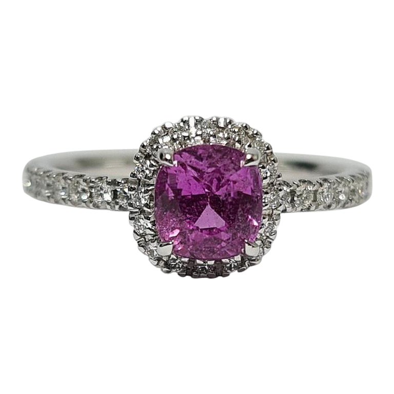 Unheated Vivid Pink 1.53Ct  Sapphire Diamond Halo 18K White Gold Ring For Sale