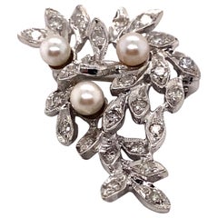 Vintage 1950’s 14K White Gold Diamond and Pearl Foliage Pin