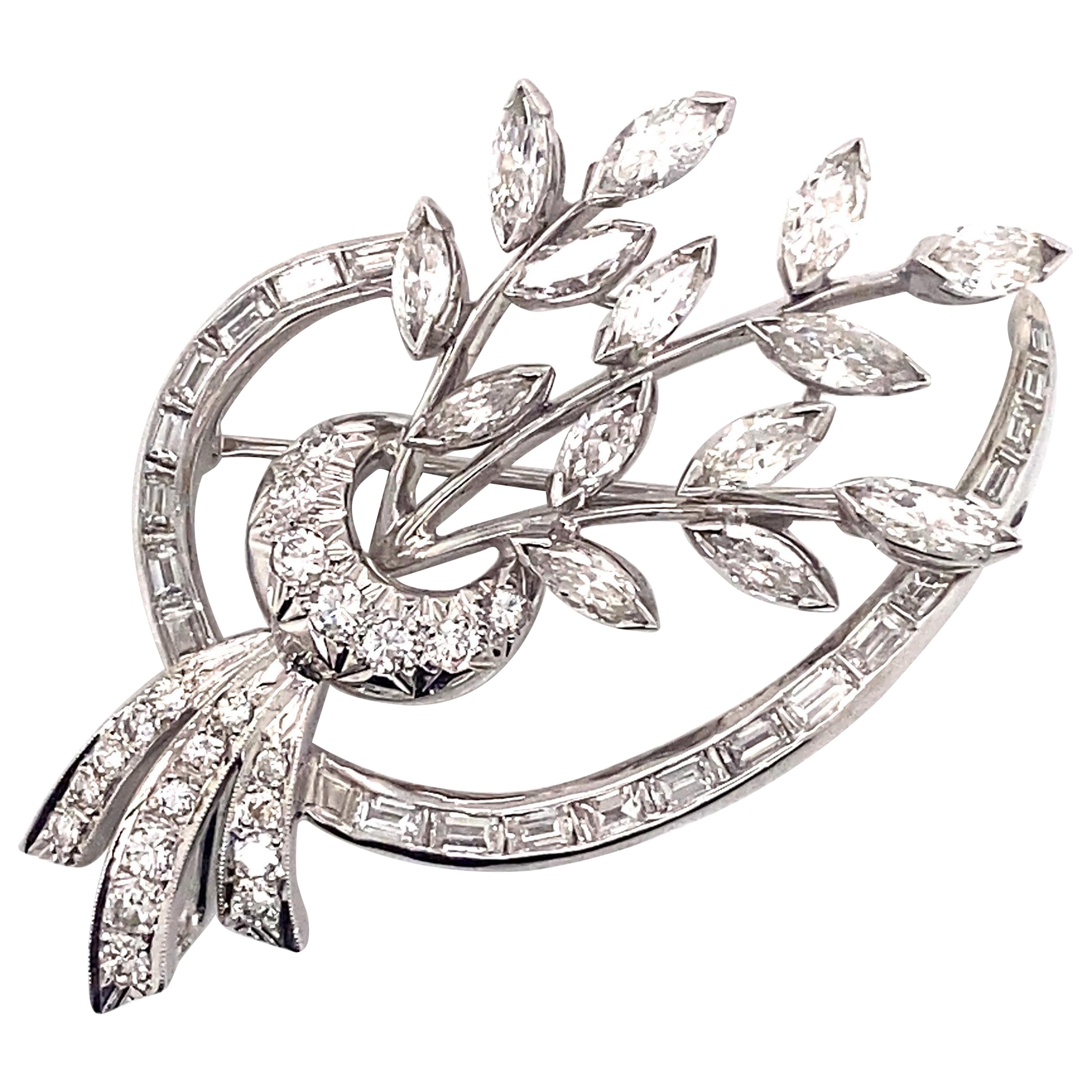 Vintage 1960’s Platinum Marquise and Baguette Diamond Bouquet Brooch Pendant For Sale