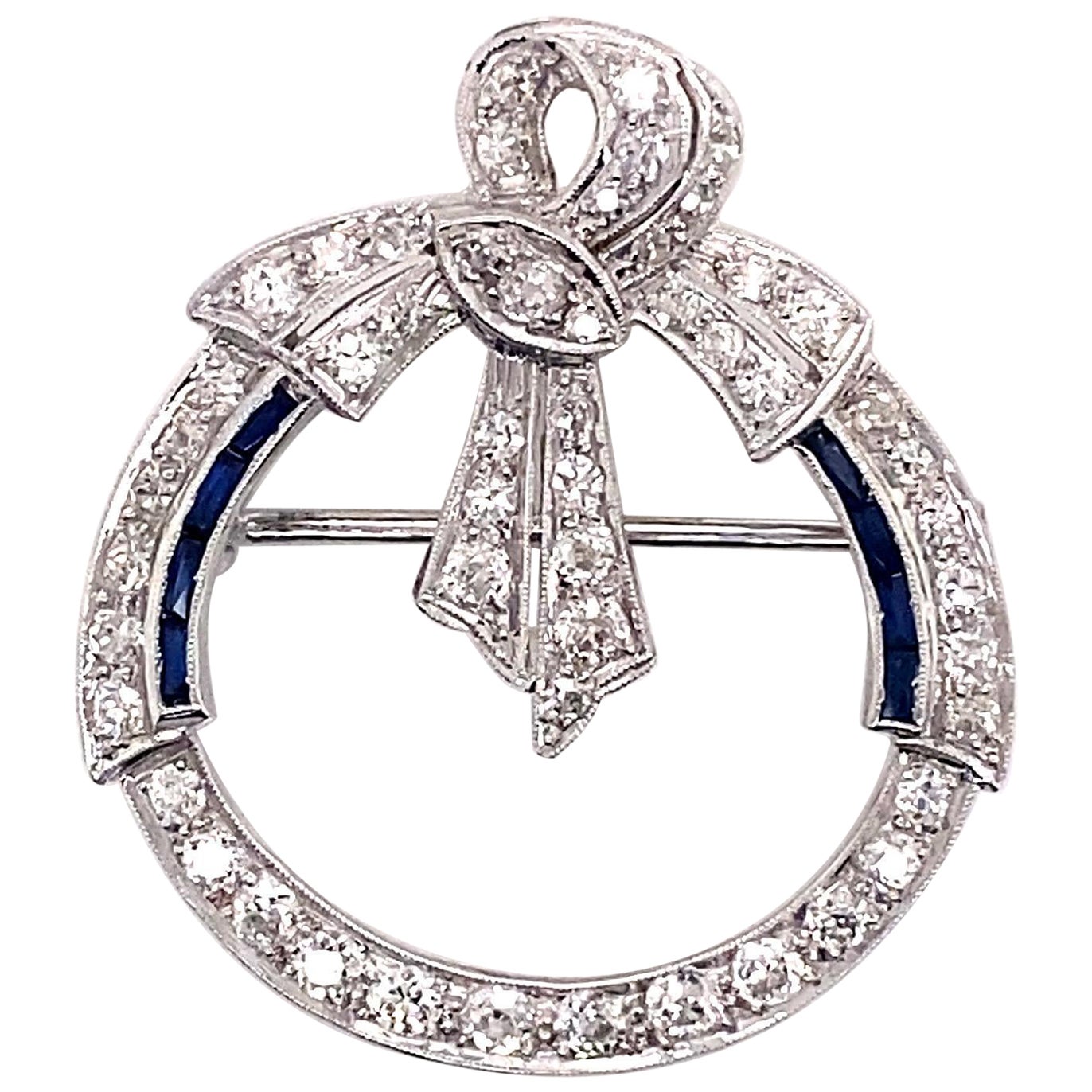 Vintage 1930’s White Gold Diamond and Sapphire Wreath Pin For Sale