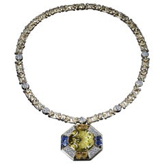 Veschetti 18 Karat Yellow Gold Citrine Yellow and Blue Sapphire Diamond Necklace