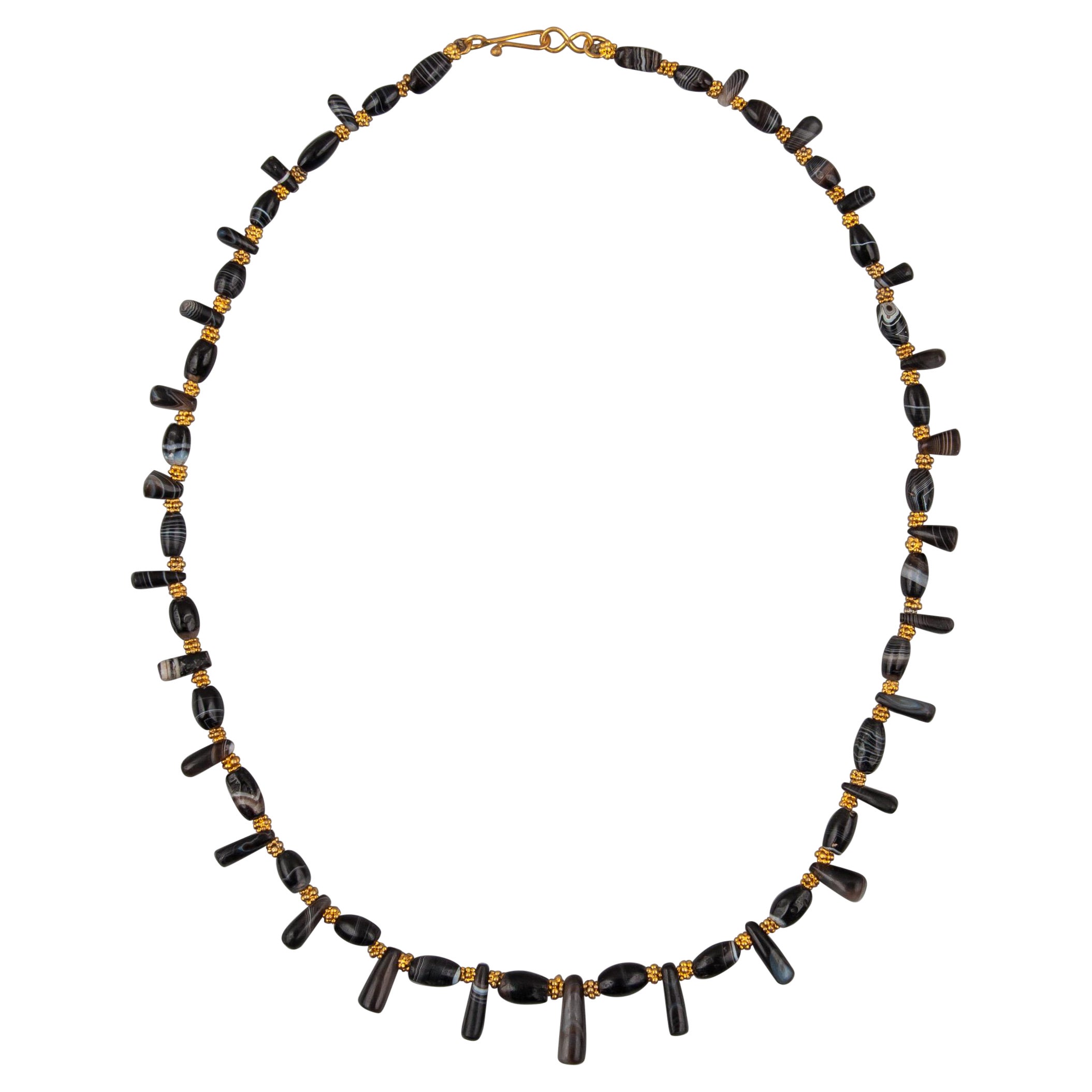 Ancient Black Agate Barrel Beads with Pendants and Vermeil Spacers For Sale