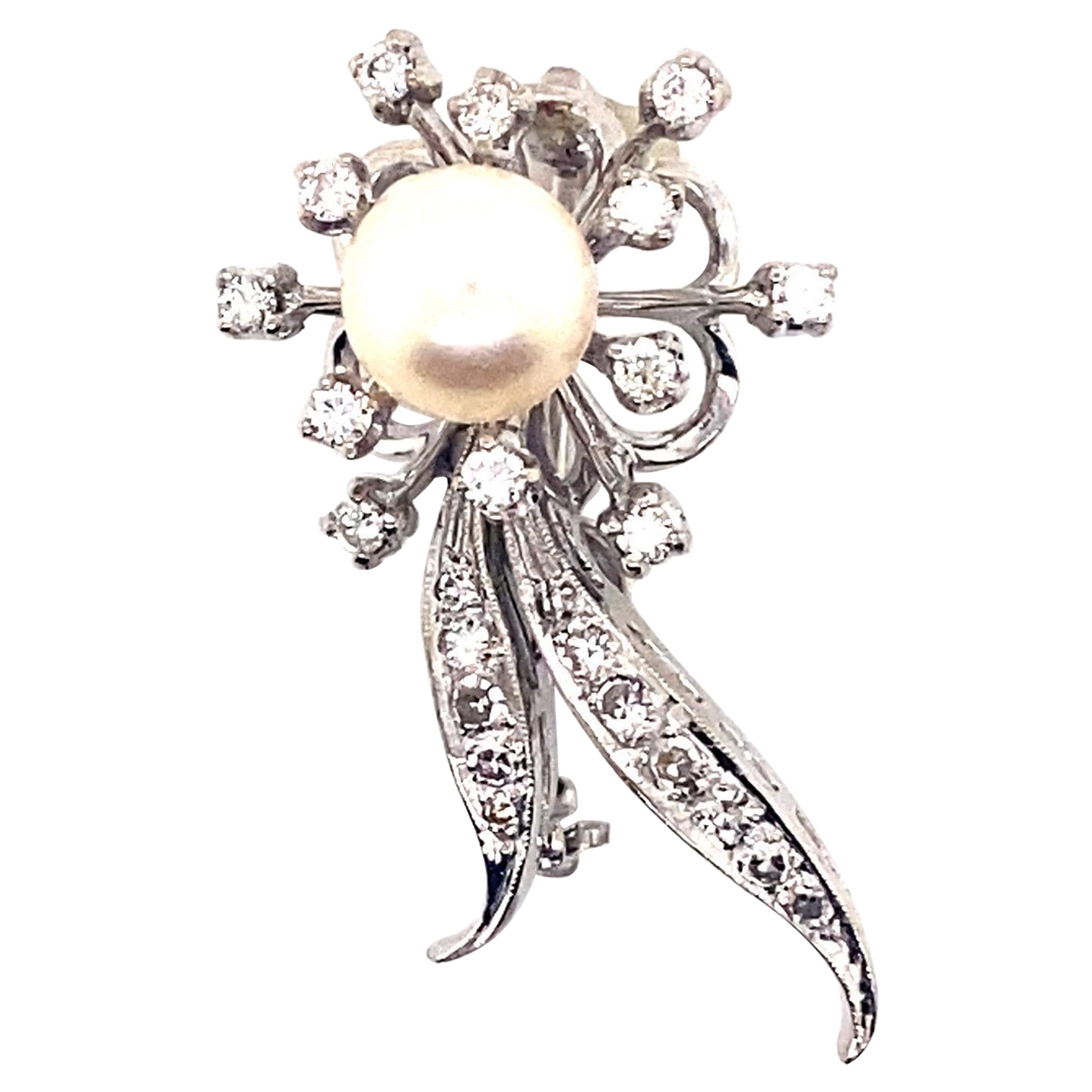 Anstecknadel, 14kw Diamant und Perle, floral, 1950er Jahre