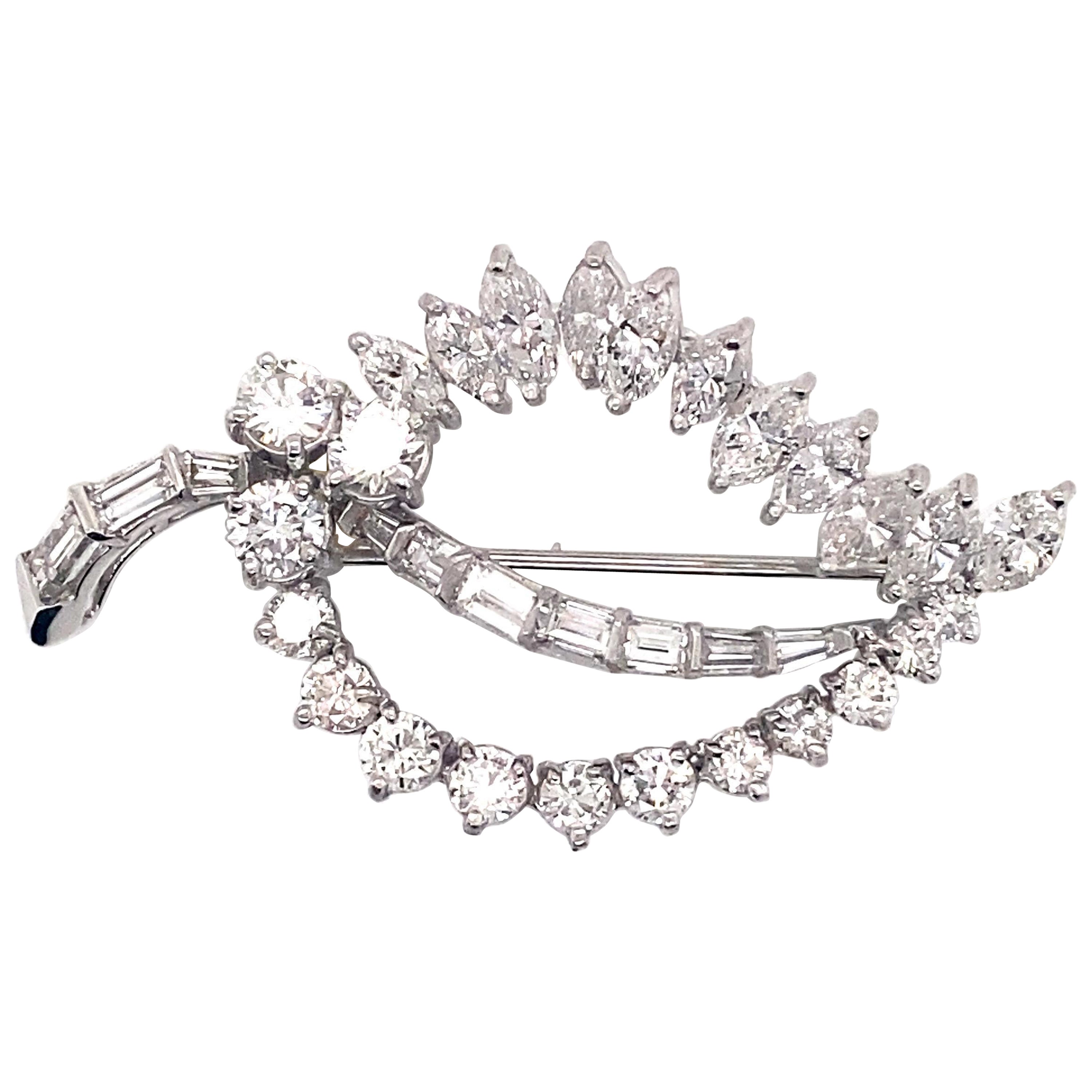 Vintage 1960’s Platinum Marquise Round and Baguette Diamond Leaf Pin 5ct For Sale
