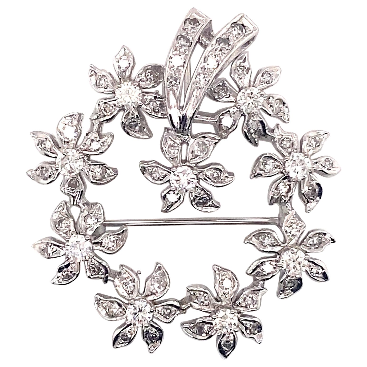 Vintage 1950’s 14kw Diamond Flower Wreath Brooch Pendant 2.00ct For Sale