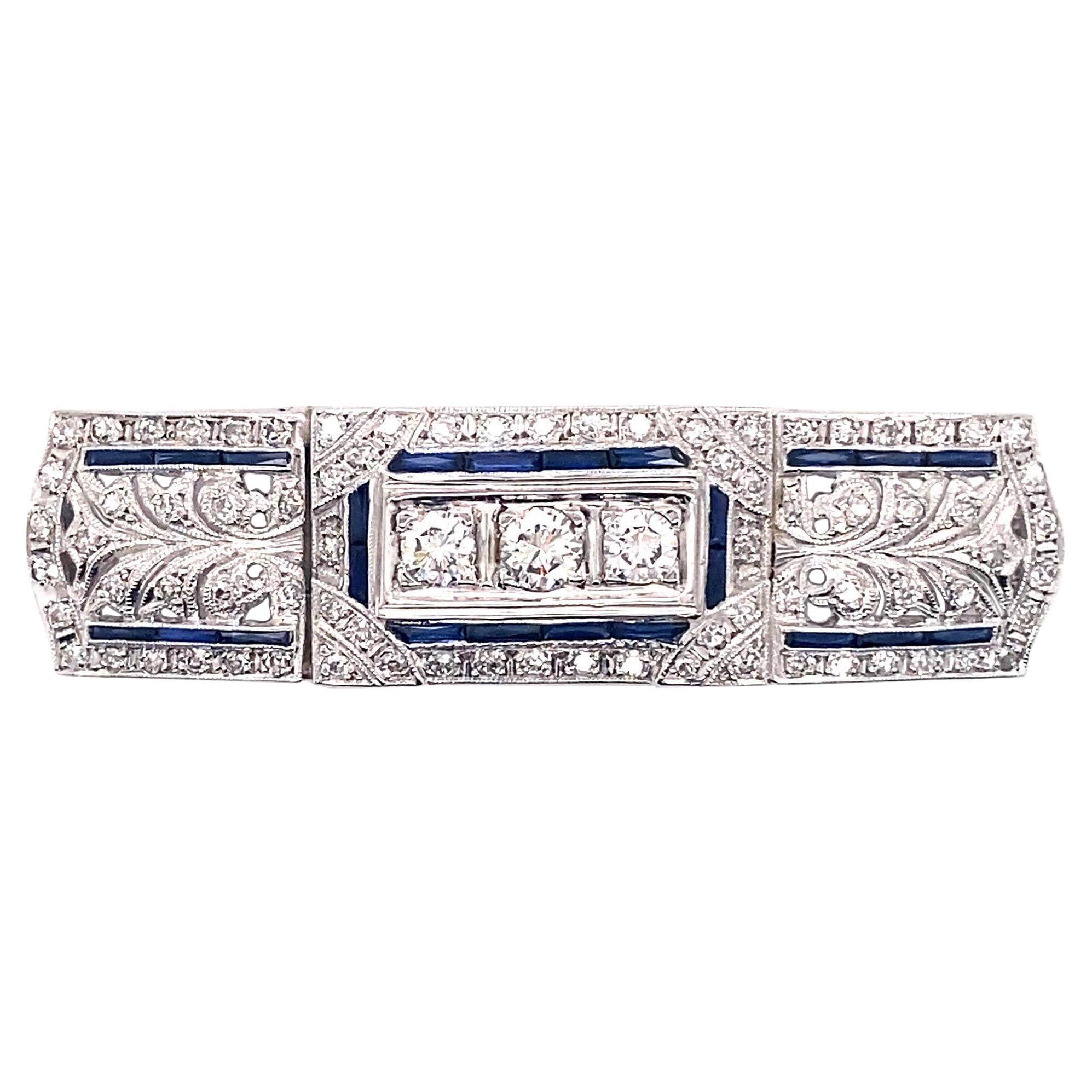 Vintage Art Deco Platinum Diamond and Sapphire Pin