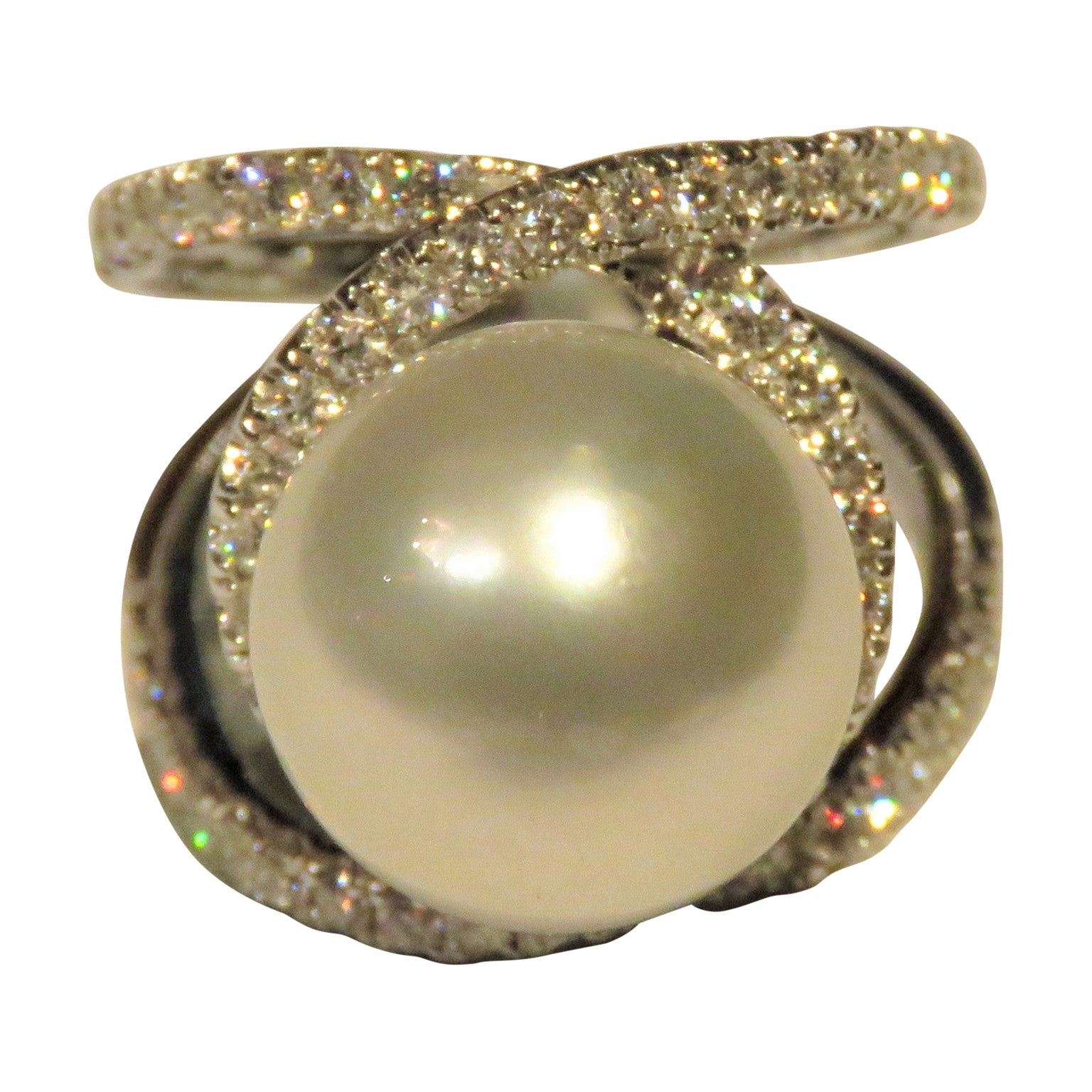 NWT $8, 850 Important 18KT Gold Large Fancy White South Sea Pearl Diamond Ring For Sale