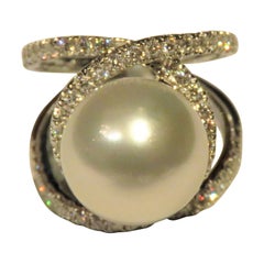 NWT $8,850 Important 18KT Gold Large Fancy White South Sea Pearl Diamond Ring