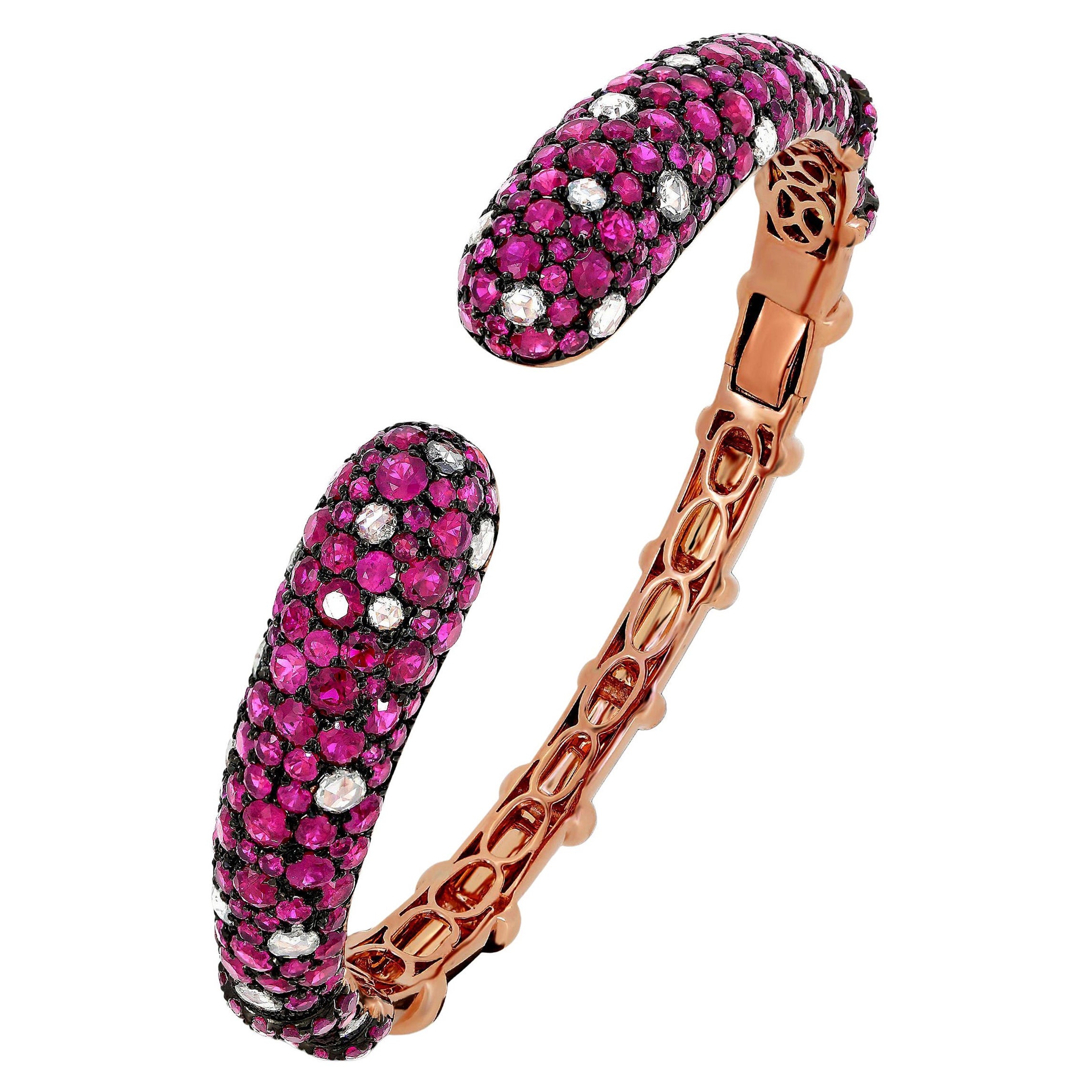 Nigaam 12.81 Cts. Ruby and 1.45 Cts. Diamond Cuff Bangle in 18K Rose Gold For Sale