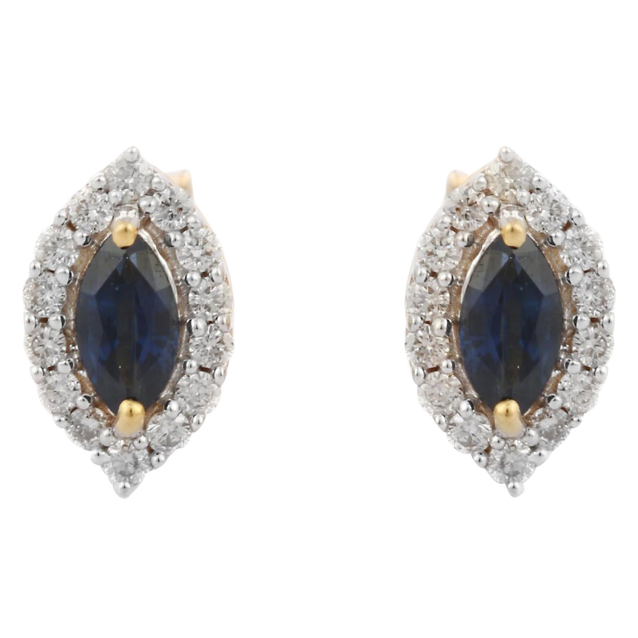 Clous d'oreilles en or jaune 18 carats avec saphirs bleus et halo de diamants 