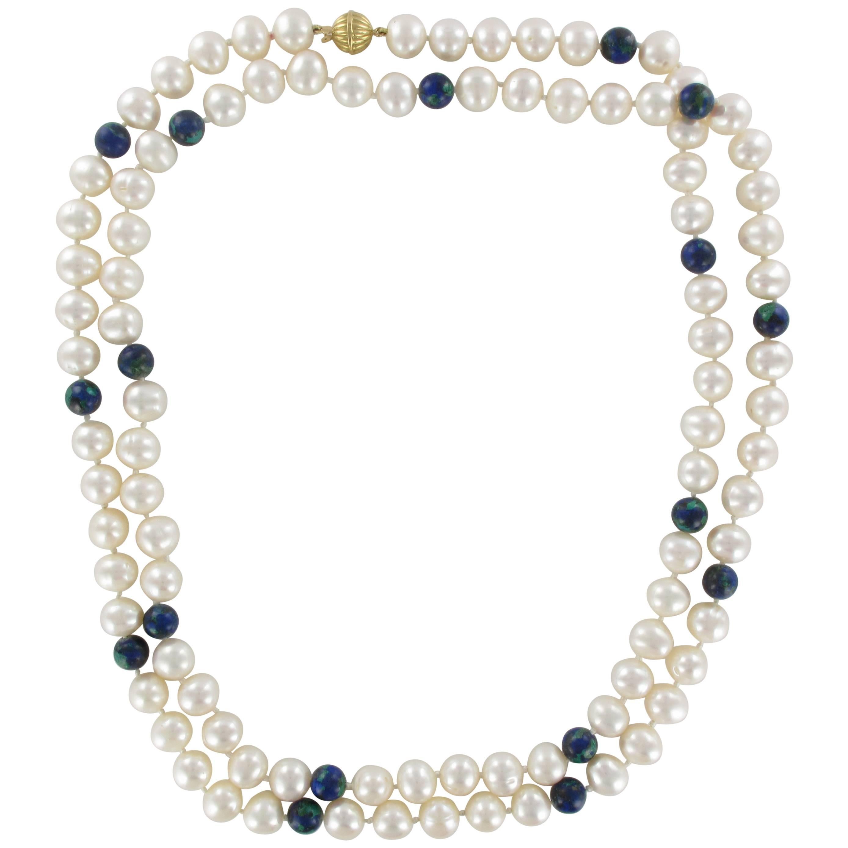 Superb Pearl and Azurite Long Necklace