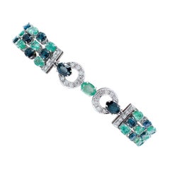 Vintage Emeralds, Sapphires, Diamonds, 14 Karat White Gold Retrò Bracelet