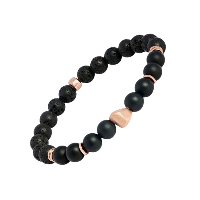 Rose Gold Plated Sterling Silver Nugget Bracelet with Onyx, Size L For Sale