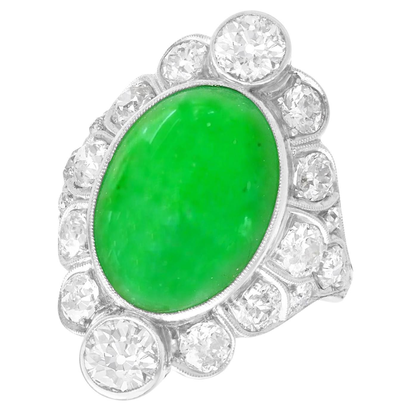 Antique 1920s 9.07 Carat Jadeite and 2.84 Carat Diamond, Platinum Cocktail Ring For Sale