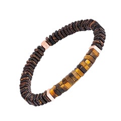 Legno Bracelet in Tiger Eye, Palm and Ebony Wood with Rose Gold Plated, Size M