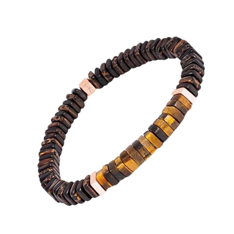 Legno Bracelet in Tiger Eye, Palm and Ebony Wood with Rose Gold Plated, Size L For Sale