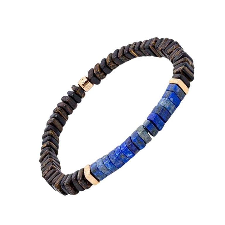Legno Bracelet in Lapis, Palm & Ebony Wood with Rose Gold Sterling Silver, Size M For Sale