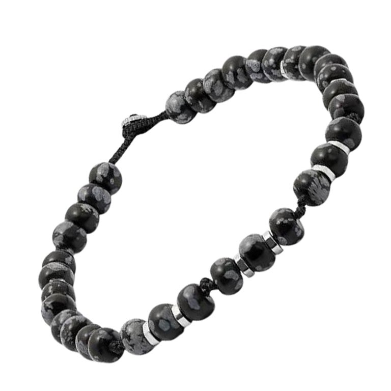 Bracelet népalais avec Macram noir et perles obsidiennes en flocons de neige polies, taille S