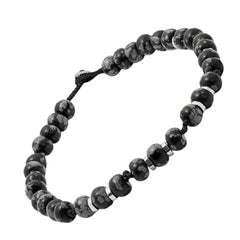 Used Nepal Bracelet with Black Macramé and Polished Snowflake Obsidian Beads, Size S