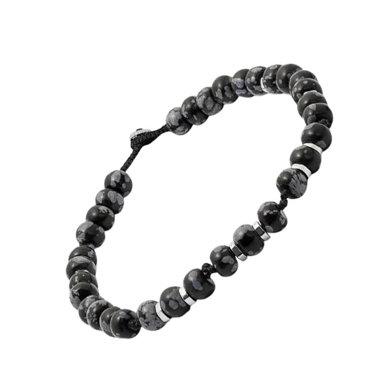 Nepal Bracelet with Black Macramé and Polished Snowflake Obsidian Beads, Size M For Sale