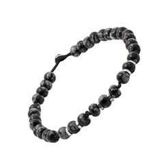Nepal Bracelet with Black Macramé and Polished Snowflake Obsidian Beads, Size M