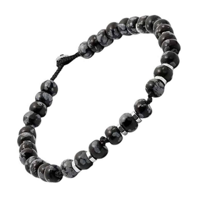 Nepal Bracelet with Black Macramé and Polished Snowflake Obsidian Beads, Size L For Sale
