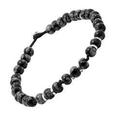 Nepal-Armband mit schwarzem Makramee und polierten Schneeflocken-Obsidian-Perlen, Größe L