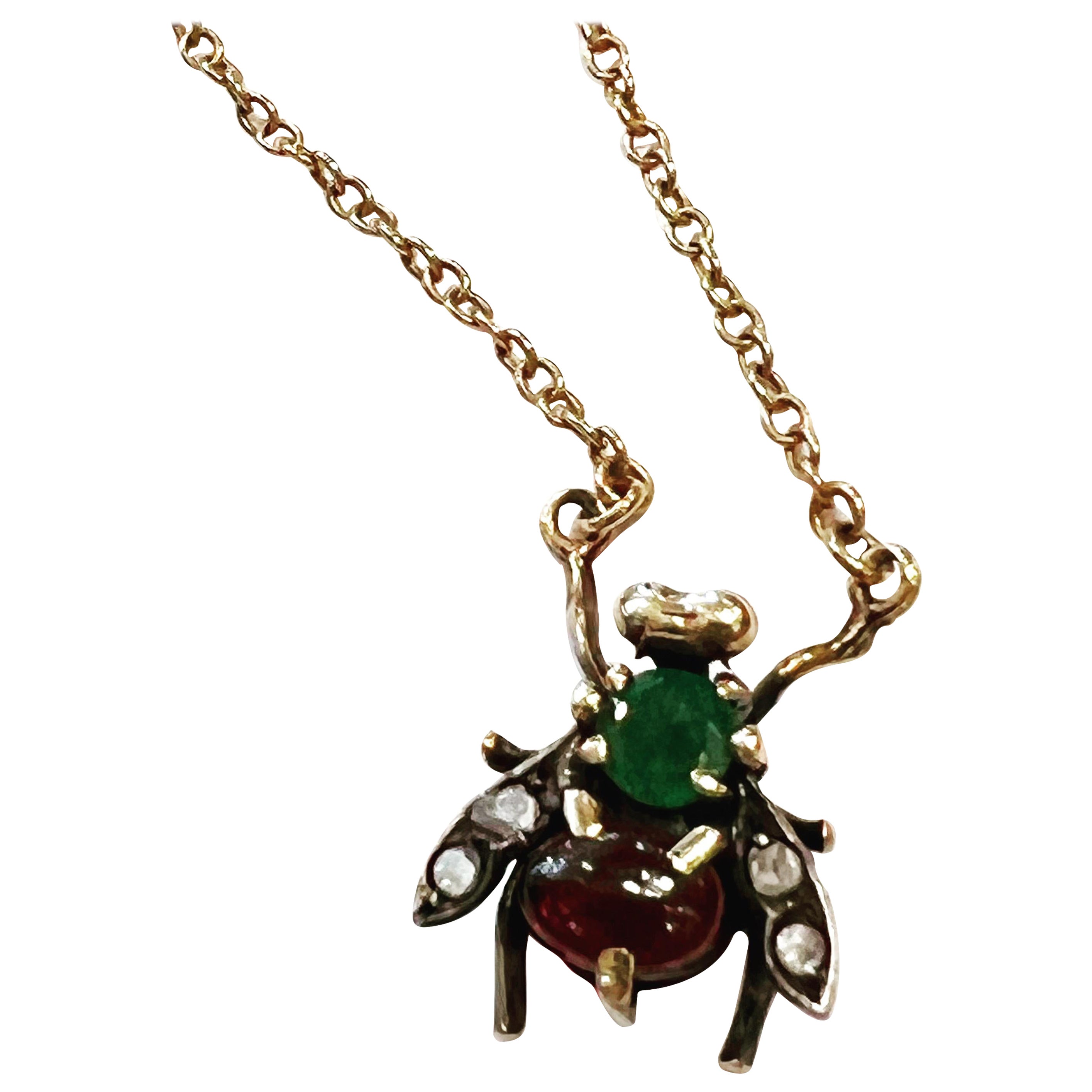 12k Yellow Gold, Emerald, Diamond Garnet Fly Bee Necklace Pendant