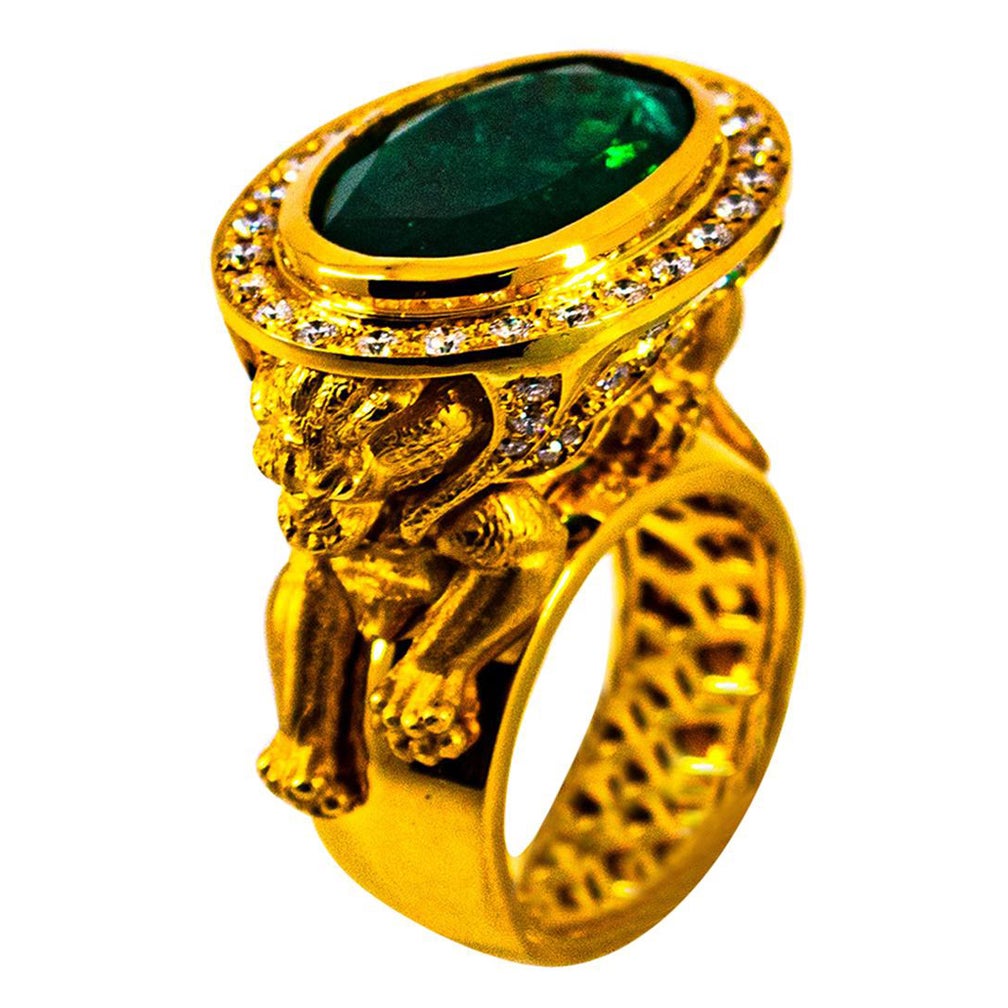 Handcrafted White Diamond Oval Cut Emerald Yellow Gold Cocktail "Lion" Ring