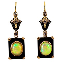 Art Deco Style 4.46 Carat White Diamond Opal Onyx Yellow Gold Drop Earrings