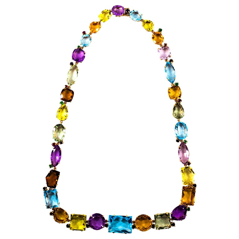 Art Deco Style Ruby Emerald Blue Sapphire Amethyst Citrine Yellow Gold Necklace For Sale