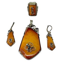 Art Nouveau Butterscotch Egg Yolk Amber Silver Earrings Ring Pendant Suite