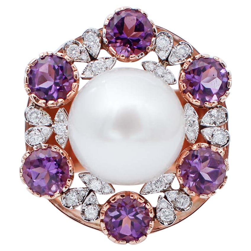 Perla del Mar del Sur, Amatistas, Diamantes, Anillo de Oro Blanco y Rosa de 14Kt