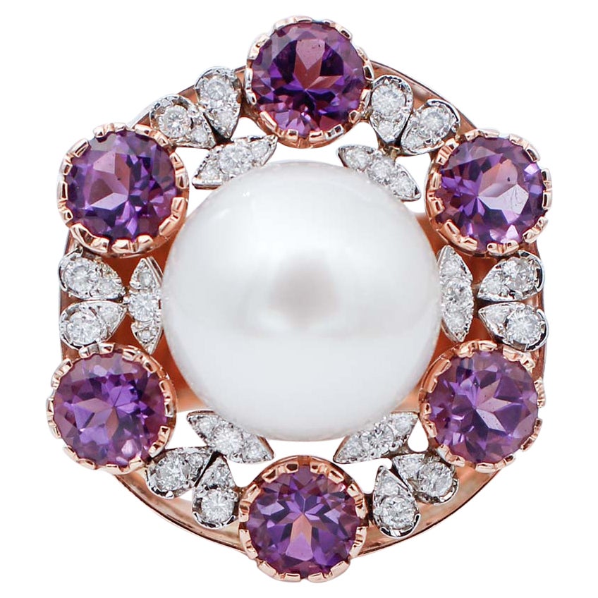 South-Sea Pearl, Amethysts, Diamonds, 14Kt White and Rose Gold Ring