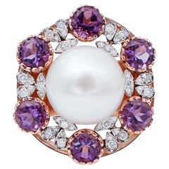 South-Sea Pearl, Amethysts, Diamonds, 14Kt White and Rose Gold Ring