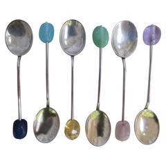 One-of-a-kind Enameled Silver Spoons Refurbished with Semi precious stone beads.