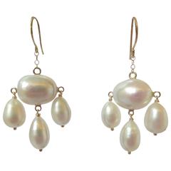 Pearl dangle earrings with three pearl teardrops 