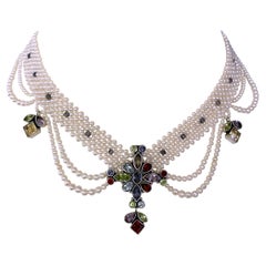 Marina J. One of a Kind Woven Pearl Necklace and Multi Semi Precious Centerpiece